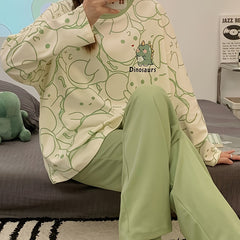 Dino Print Pajama Set Long Sleeve Top & Pants Women's Loungewear