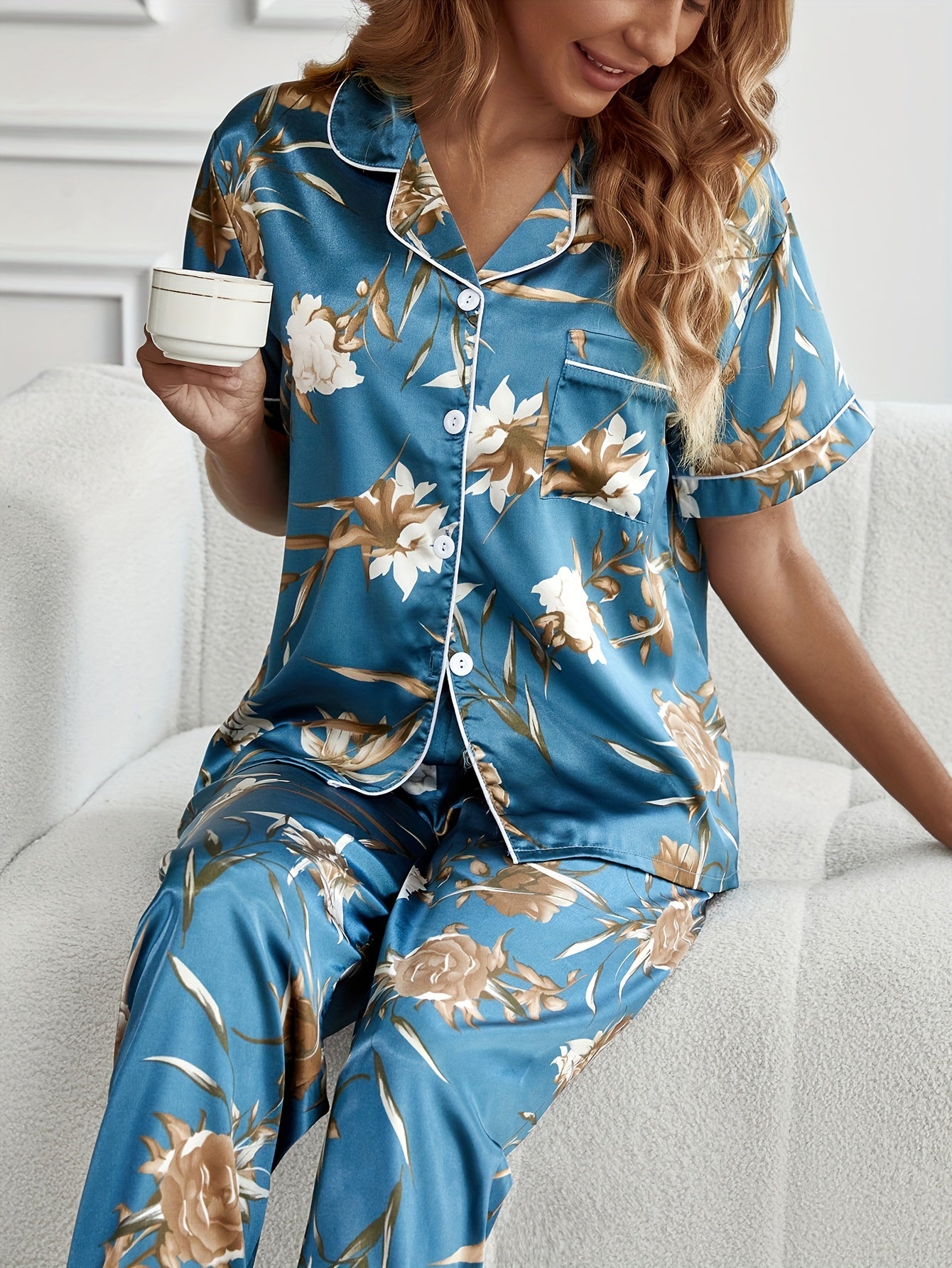 Floral Print Pajamas Set Button Up Blouse & Elastic Waistband Pants