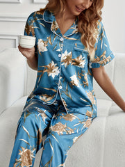 Floral Print Pajamas Set Button Up Blouse & Elastic Waistband Pants