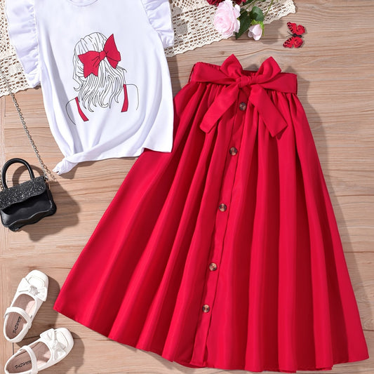 2pc Toddler Girls Butterfly Sleeve T-shirt & Belted Button Skirt Set