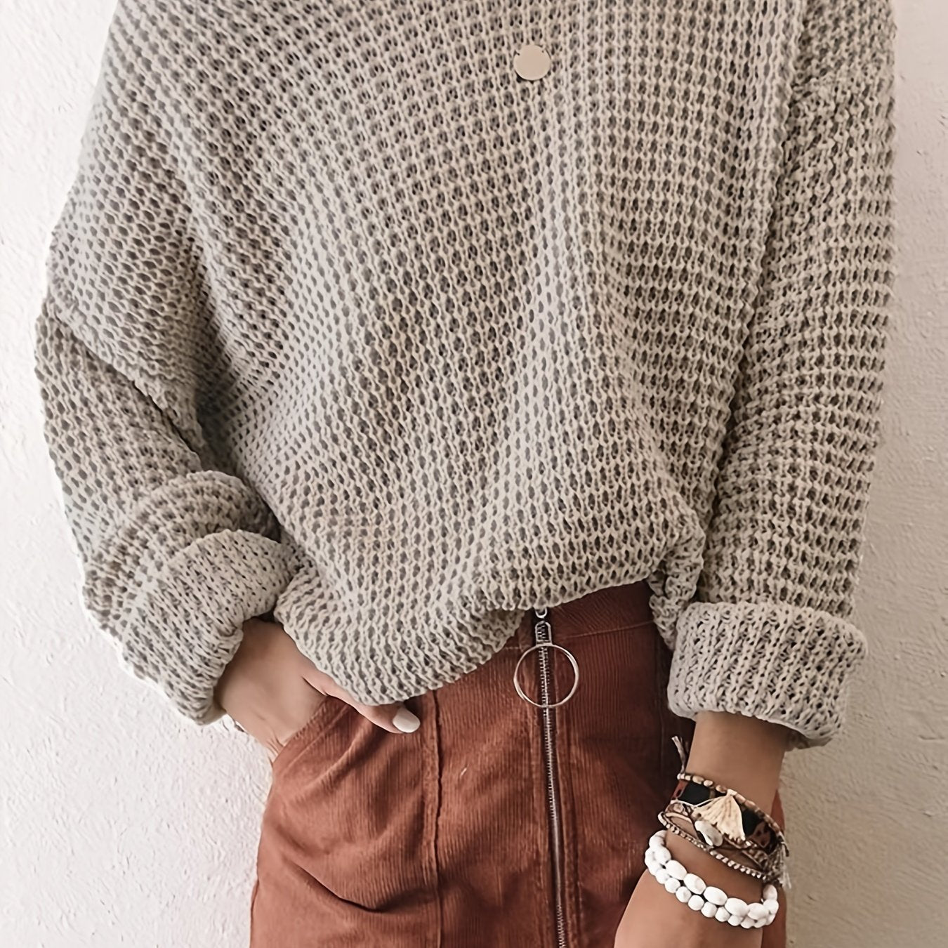 Casual Sweater Women's Plus Solid Long Sleeve Round Neck Knit Pullover