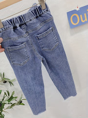 Kids Casual Tapered Jeans Elastic High Waist Slim Fit Denim Trousers