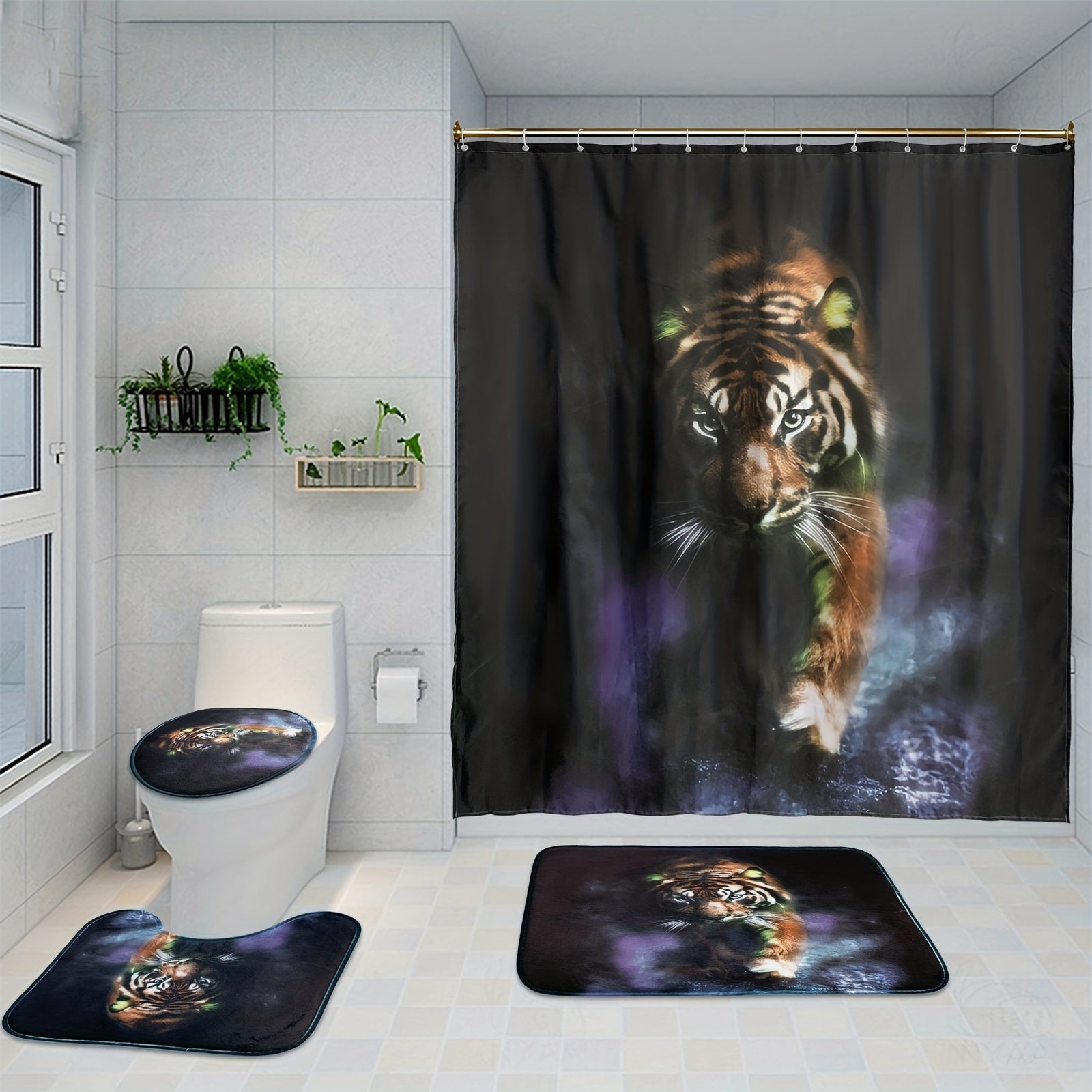 4pcs Shower Curtain Set Abstract Block Non Slip Bath Mat Toilet Lid Cover