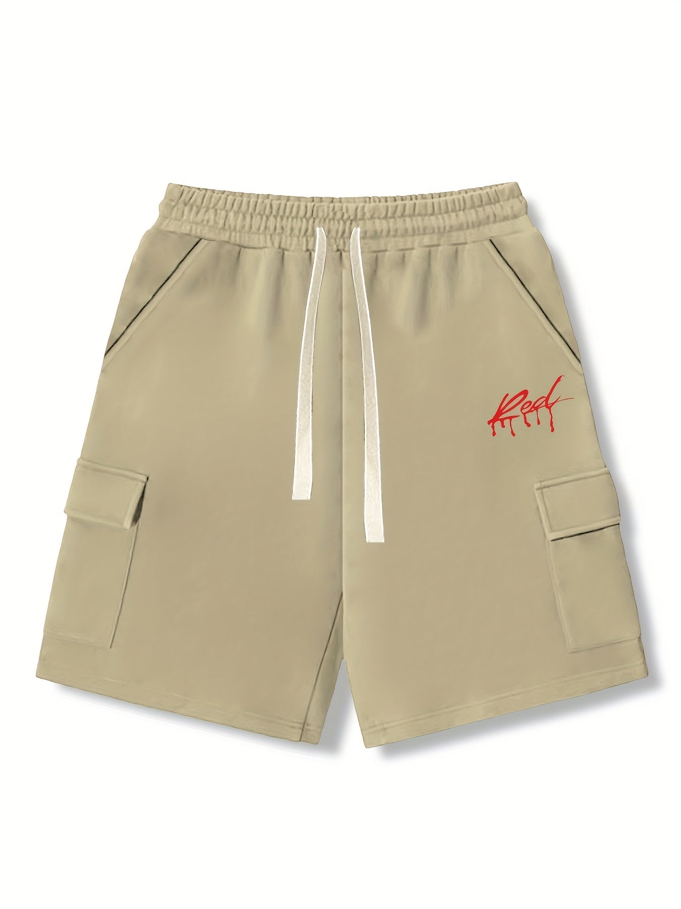 Red Letter Print Comfy Shorts Men's Casual Solid Slightly Stretch Knee