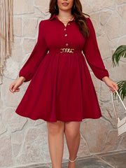 Women's Solid Lantern Sleeve Polo Neck Dress
