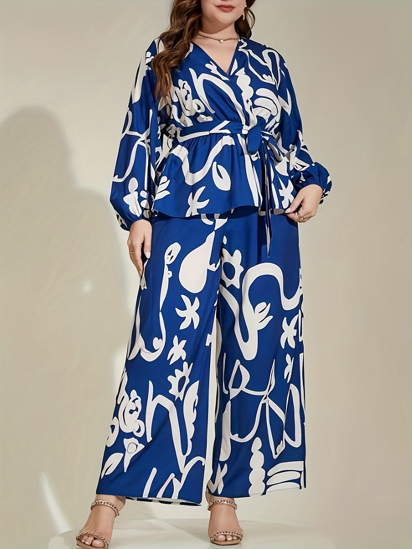 Abstract Print Lantern Sleeve Top & Pants Set
