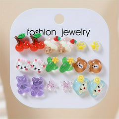 9 Pairs Teen Cartoon Charm Stud Earrings for Girls