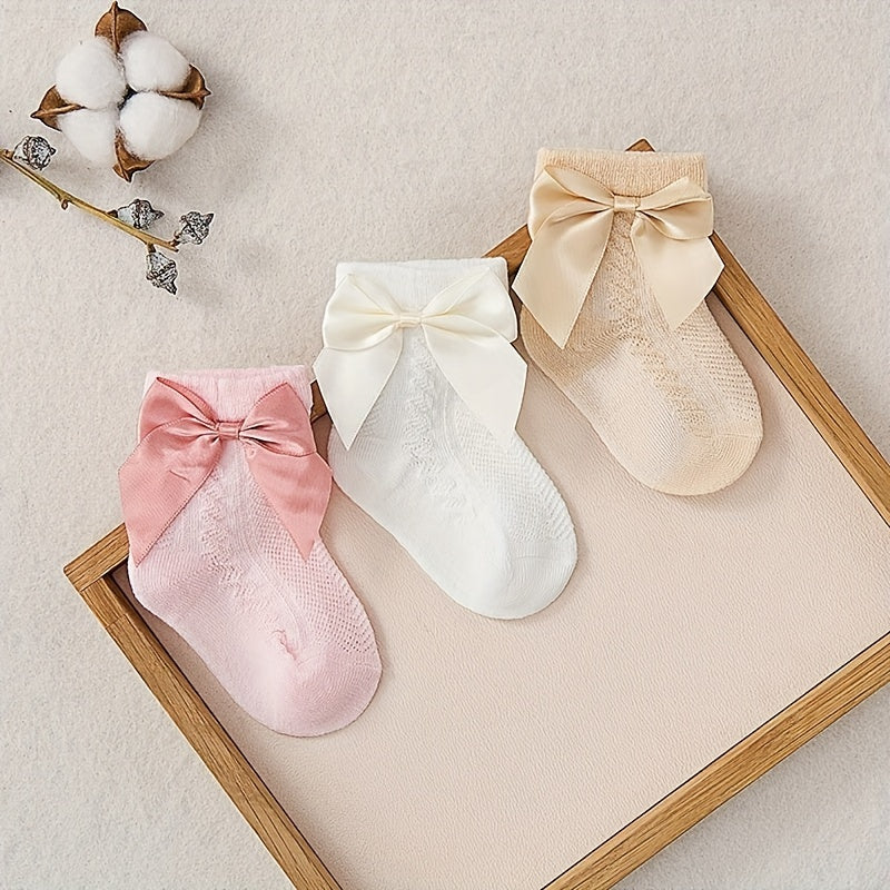 3 Pairs Casual Bow Knit Socks Soft Comfortable Elastic Thin Cotton Socks