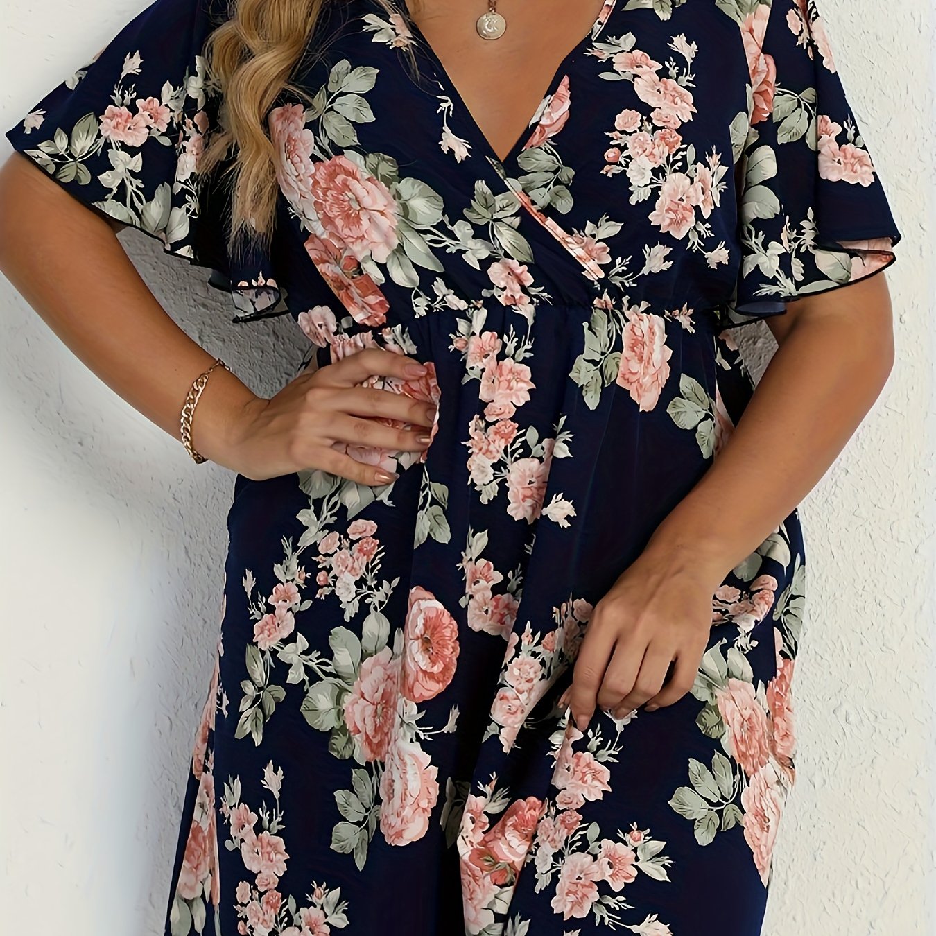 Floral Print Ruffle Sleeve Plus Size Boho Dress