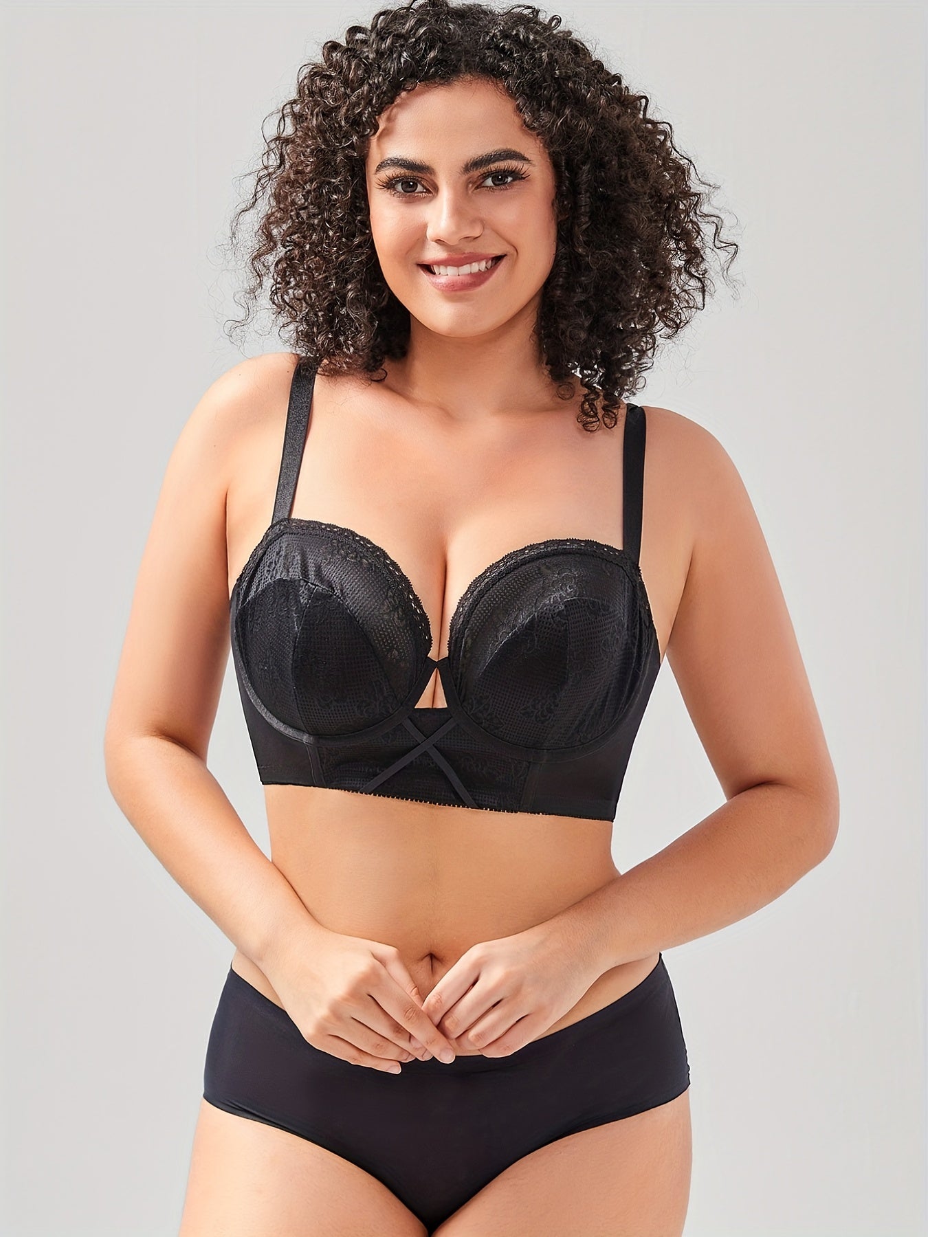 Floral Jacquard Full Coverage Criss Cross Underwire Longline Mesh Bra
