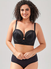 Floral Jacquard Full Coverage Criss Cross Underwire Longline Mesh Bra