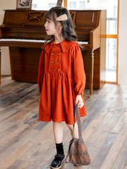 Girl's Solid Corduroy Princess Dress Long Sleeve Spring Fall Party