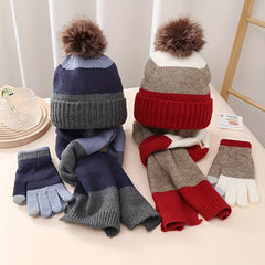 Boys Winter Warm Set Plus Velvet Knitted Hat Scarf Gloves