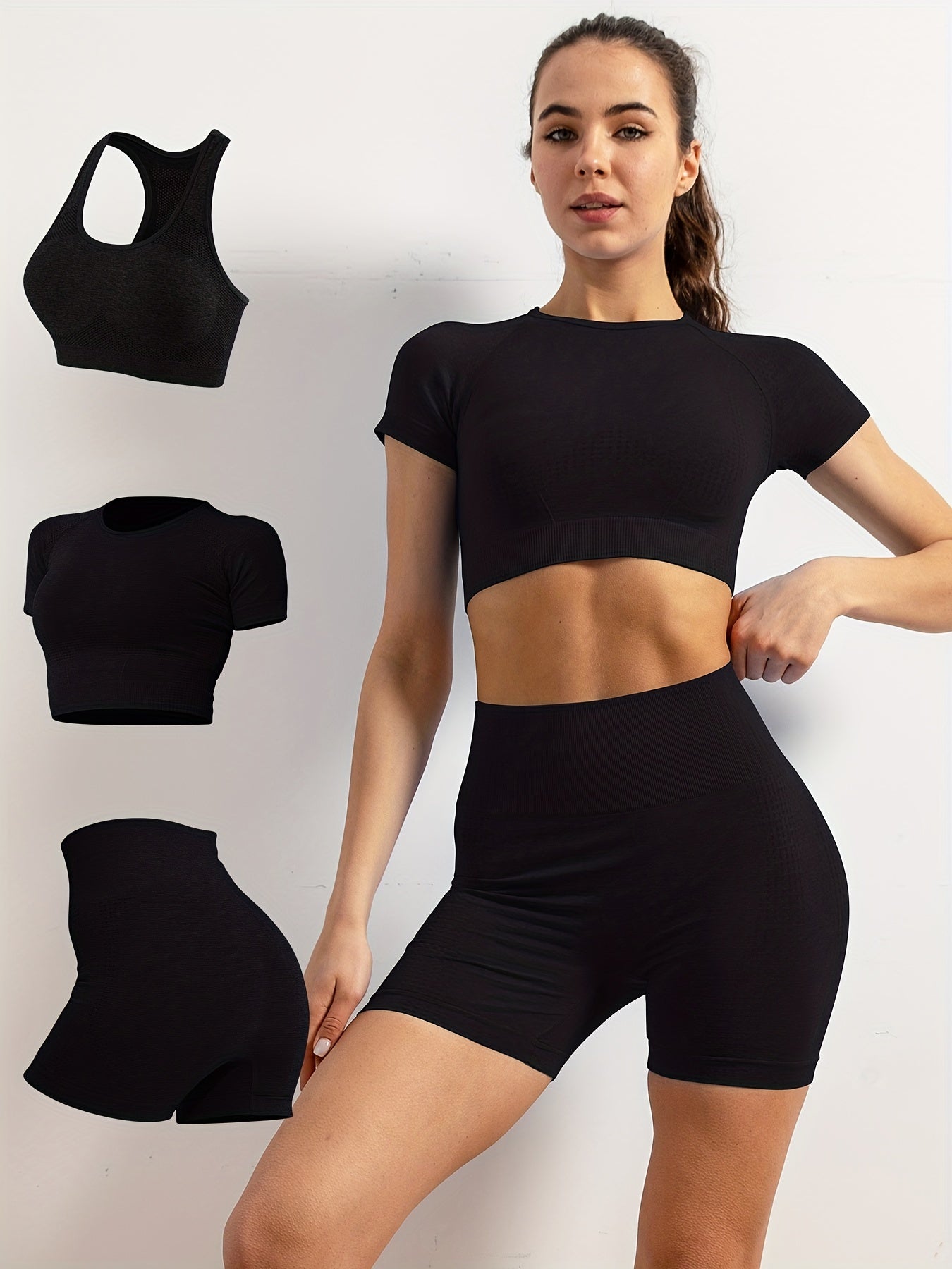 3pcs Solid Workout Yoga Set Racerback Crop Top & High Waist Sports Shorts