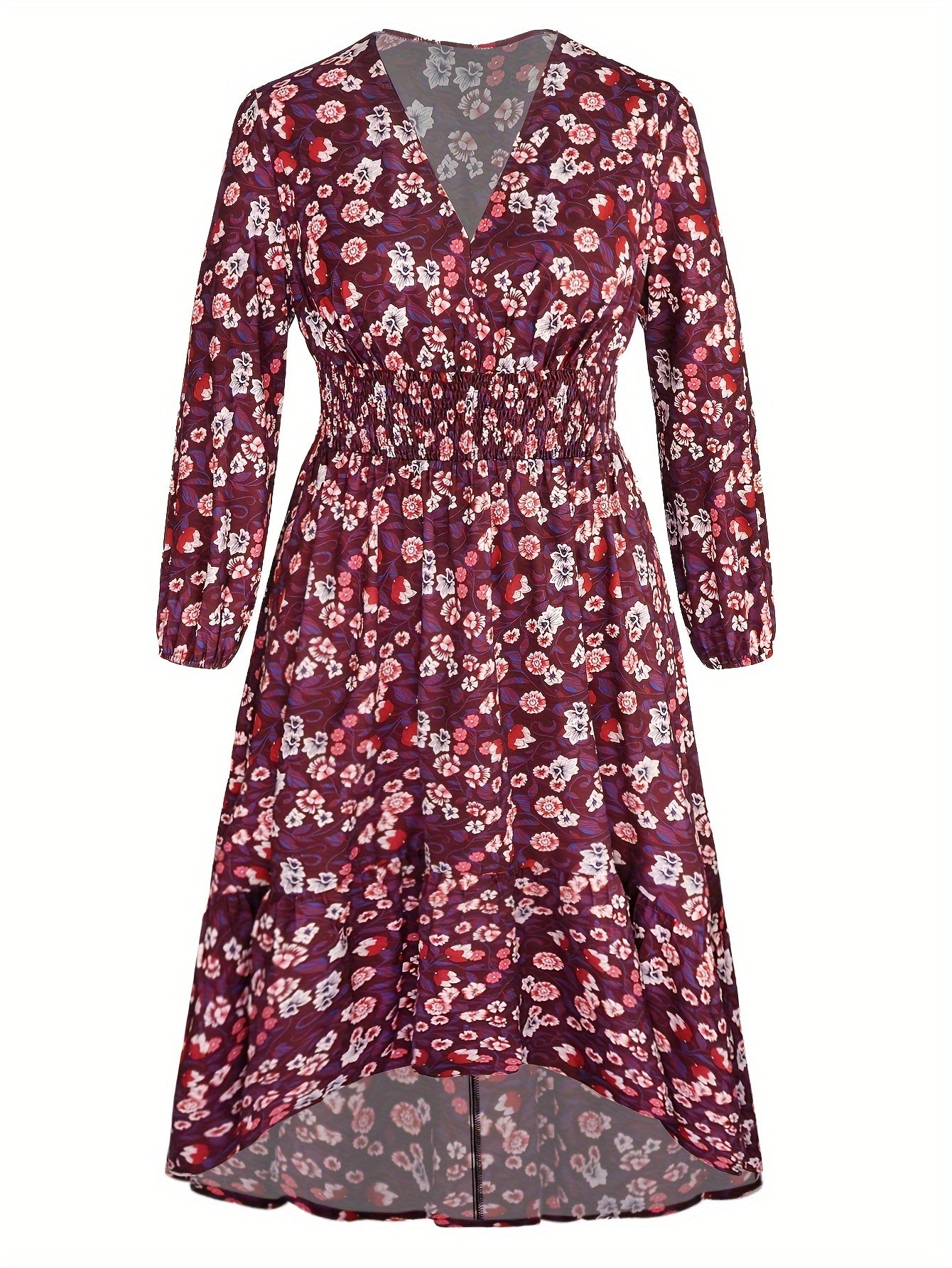 Floral Print Long Sleeve V Neck Waist Dress