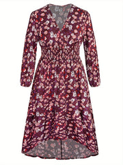 Floral Print Long Sleeve V Neck Waist Dress