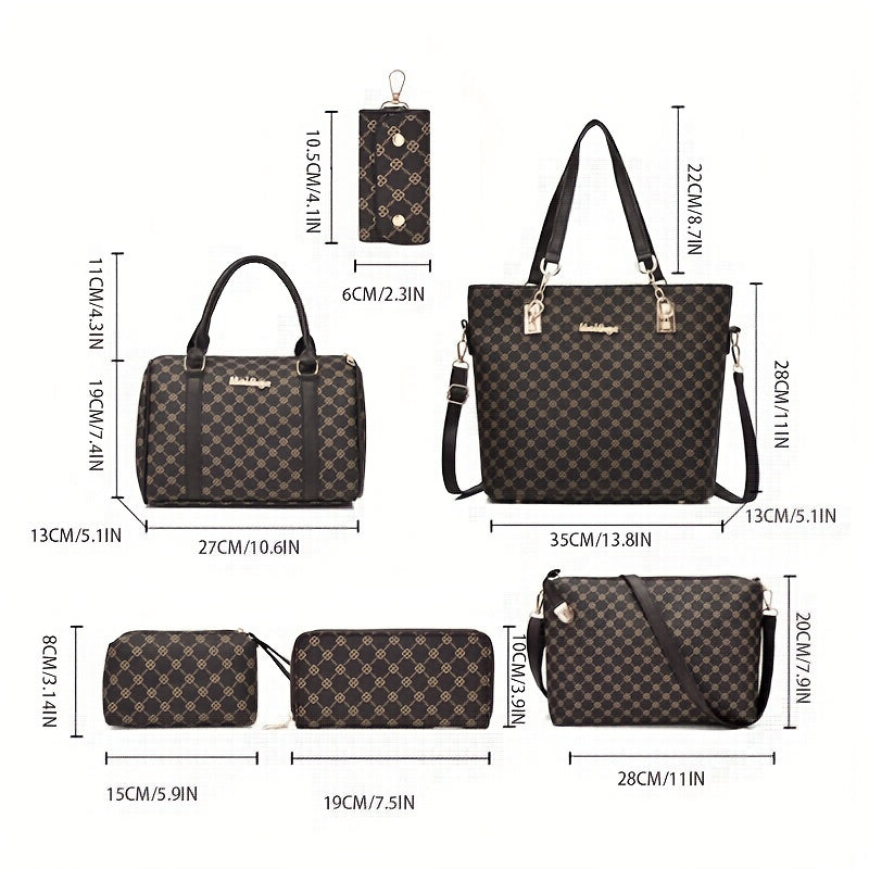 6pcs Geometric Print Tote Bag Set Stylish Handbag and Crossbody Bag