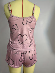 Heart Print Pajama Set Sleeveless Top & Shorts Women's Sleepwear