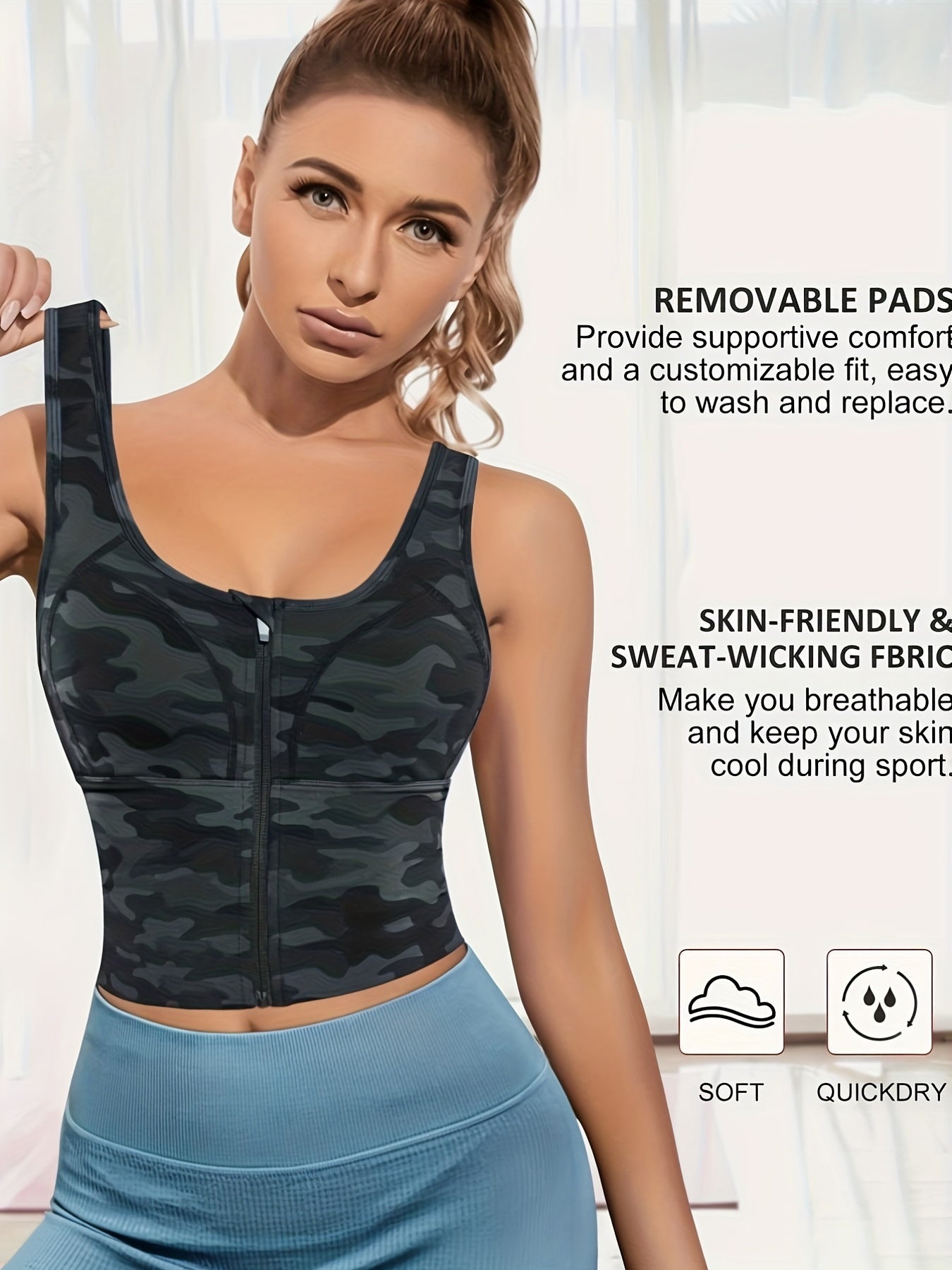 Zip Front Longline Padded Sports Bra for Women