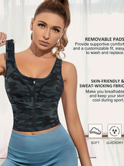 Zip Front Longline Padded Sports Bra for Women