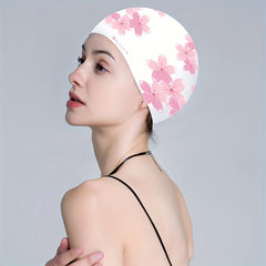 Flower Print Silicone Swimming Cap for Women Waterproof Ear Protection