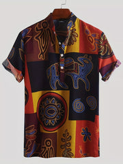 Vintage Ethnic Style Men's Short Sleeve Stand Collar Shirt For Summer