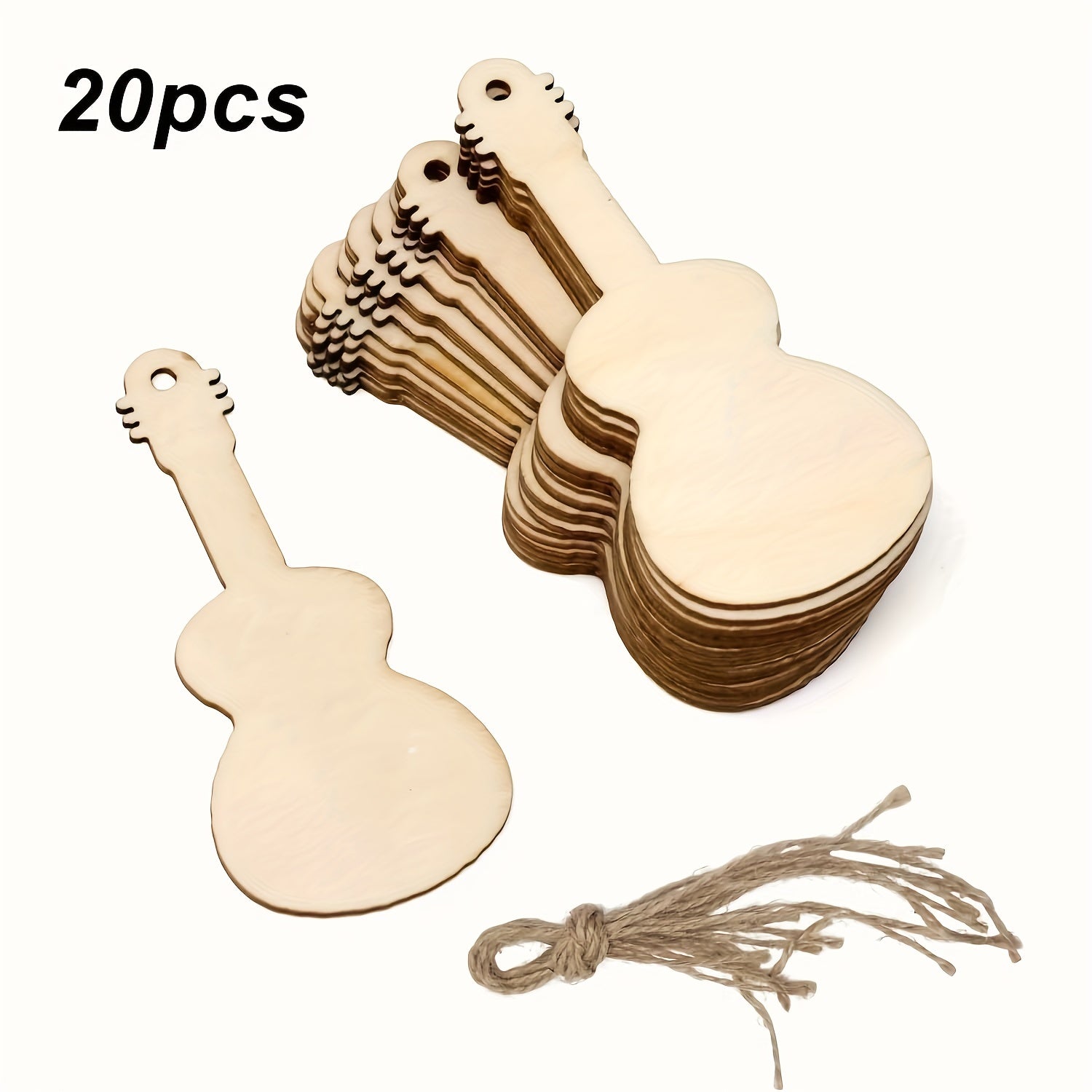 20pcs Guitar Shaped Wooden Cutouts Music Discs with Twines for DIY Crafts