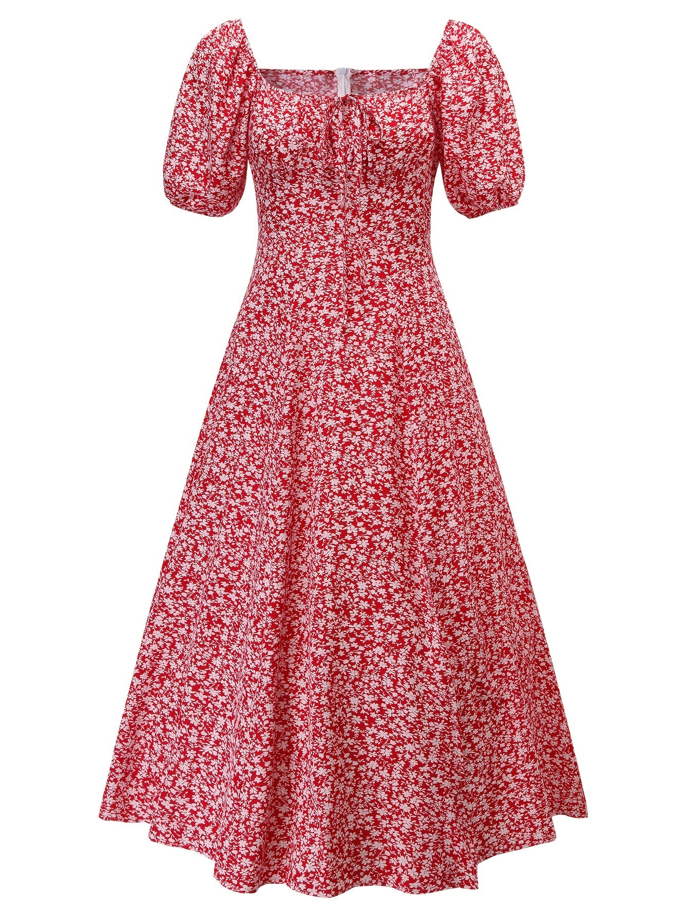 Floral Print Split Neck Puff Sleeve Dress