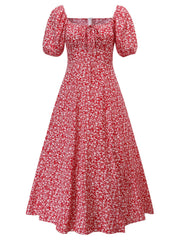 Floral Print Split Neck Puff Sleeve Dress