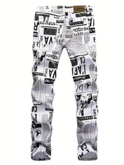 Newspaper Pattern Slim Fit Cotton Jeans Men's Casual Denim Pants