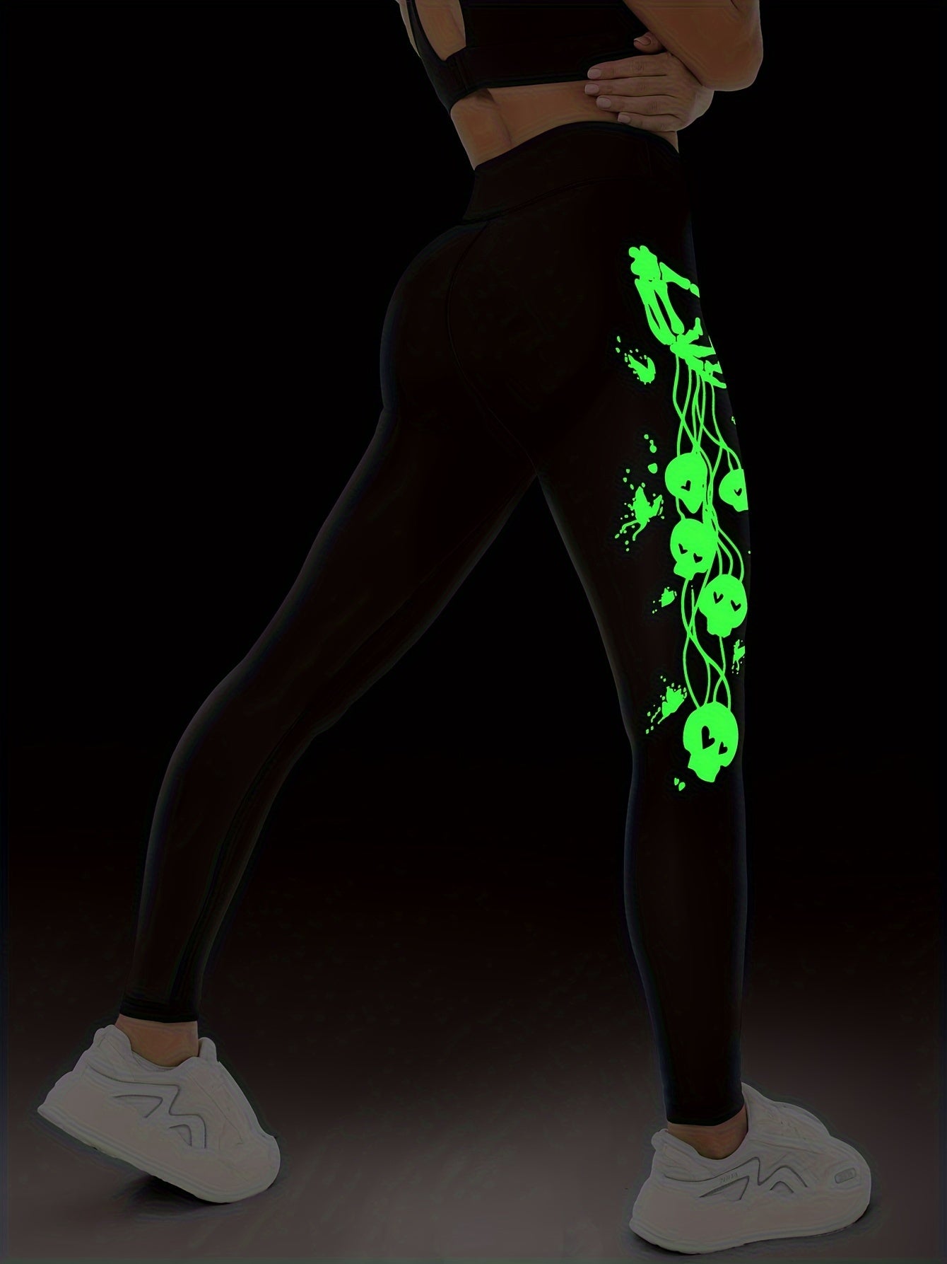 Fluorescent Halloween Skeleton Hands Print Sports Leggings
