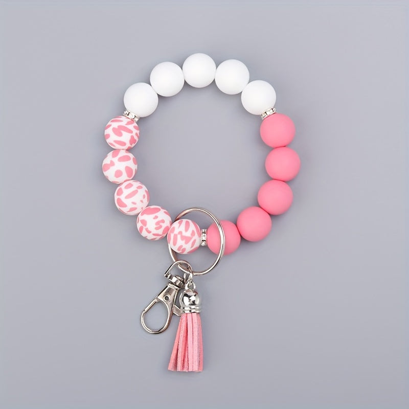 Silicone Beaded Bracelet Keychain with Tassel