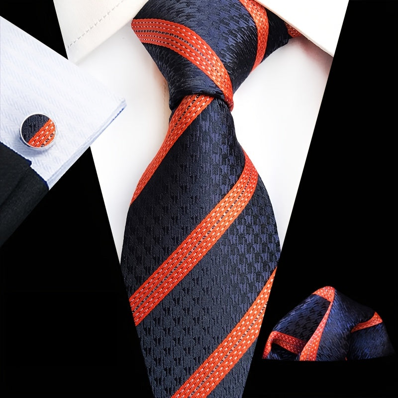 Men's Plaid Pattern Tie Pocket Scarf Cuff Set For Suits