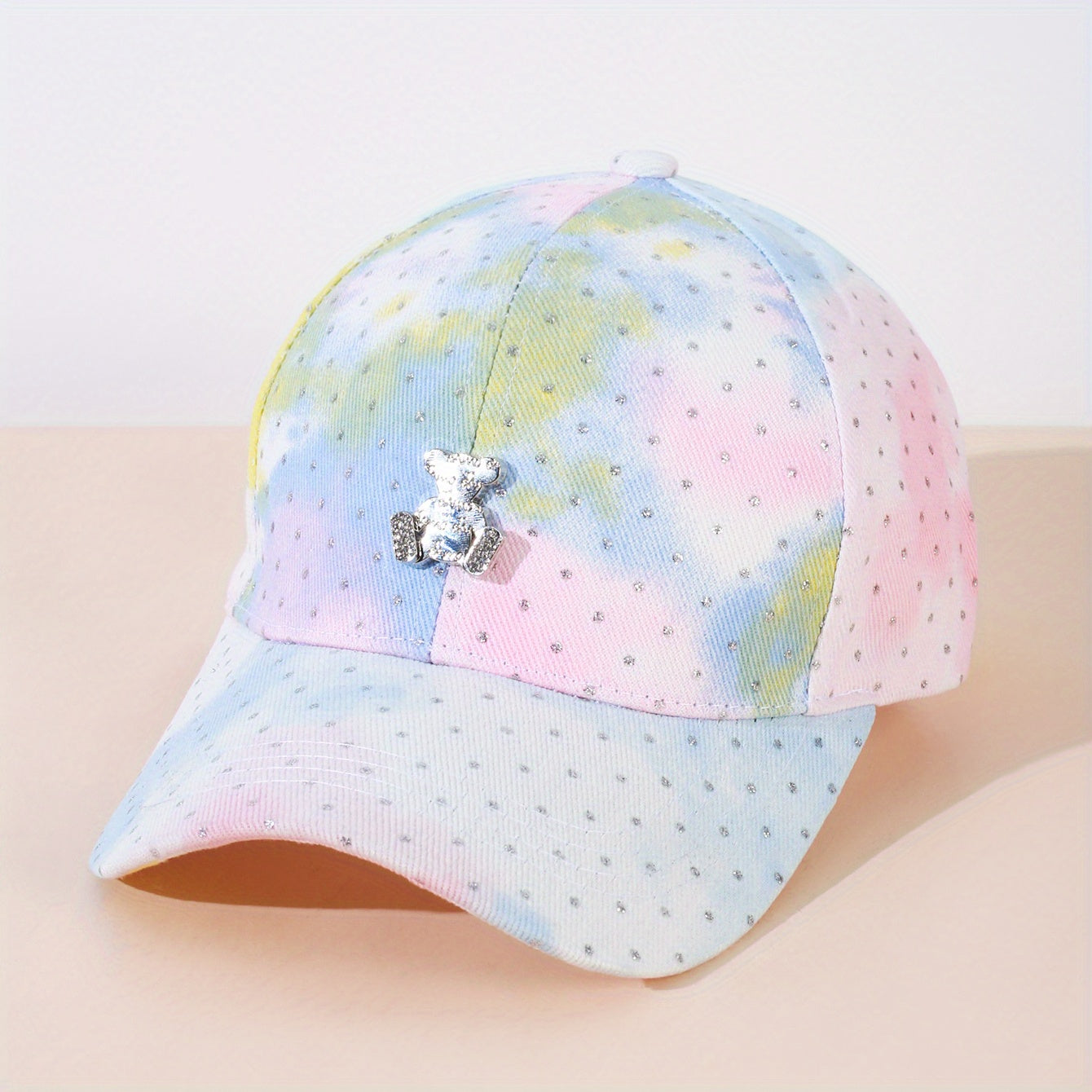 Pink Gradient Tie Dye Print Baseball Cap Bear Decor Dad Hat