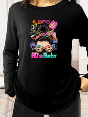 Women's Plus Letter & Figure Print Long Sleeve Pajama Top