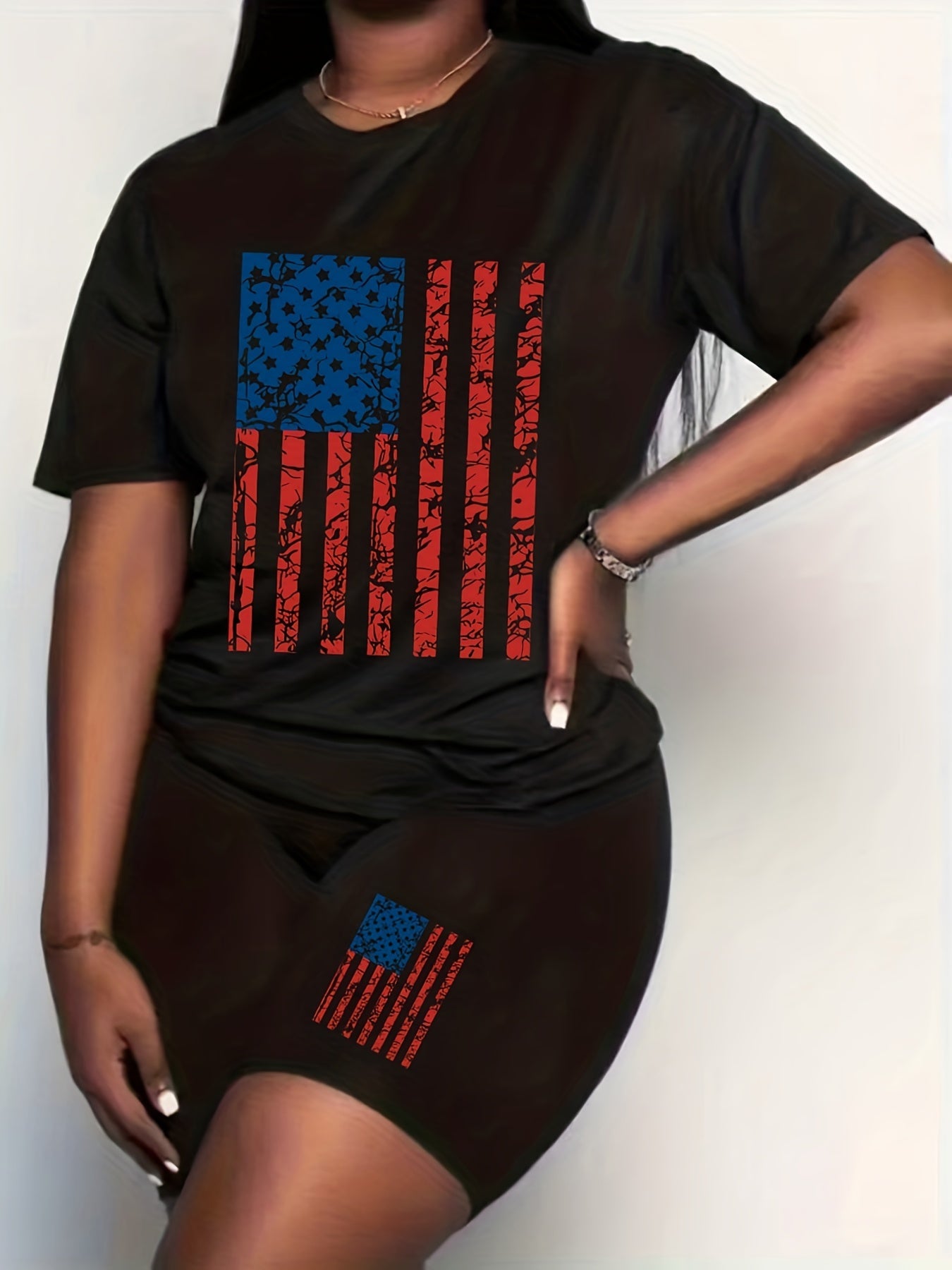 Women's Plus Flag Print Crew Neck Top & Shorts Two Piece Set