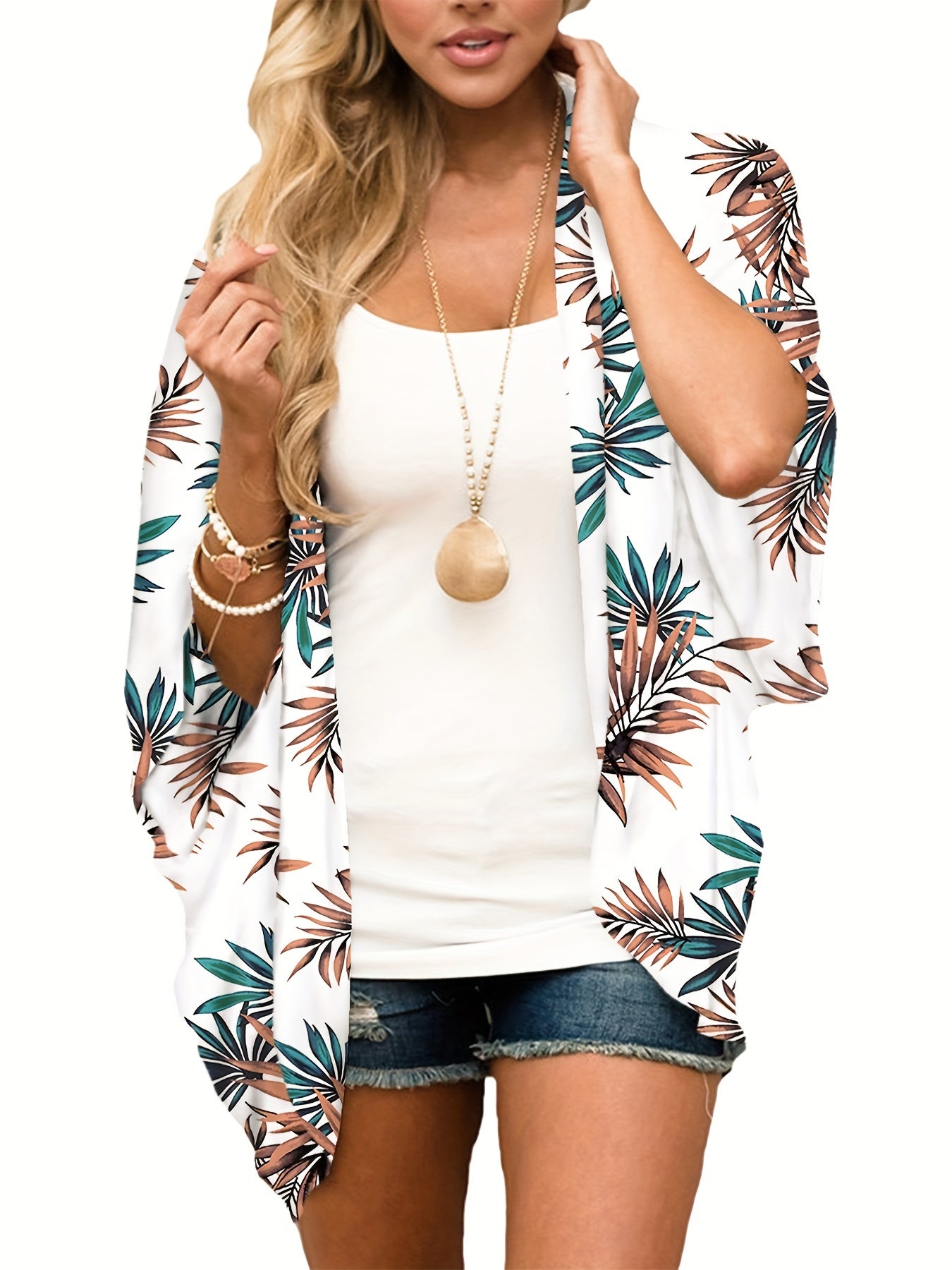 Leaf Print Cover Up Shirt V Neck Loose Fit Half Sleeves Non Stretch
