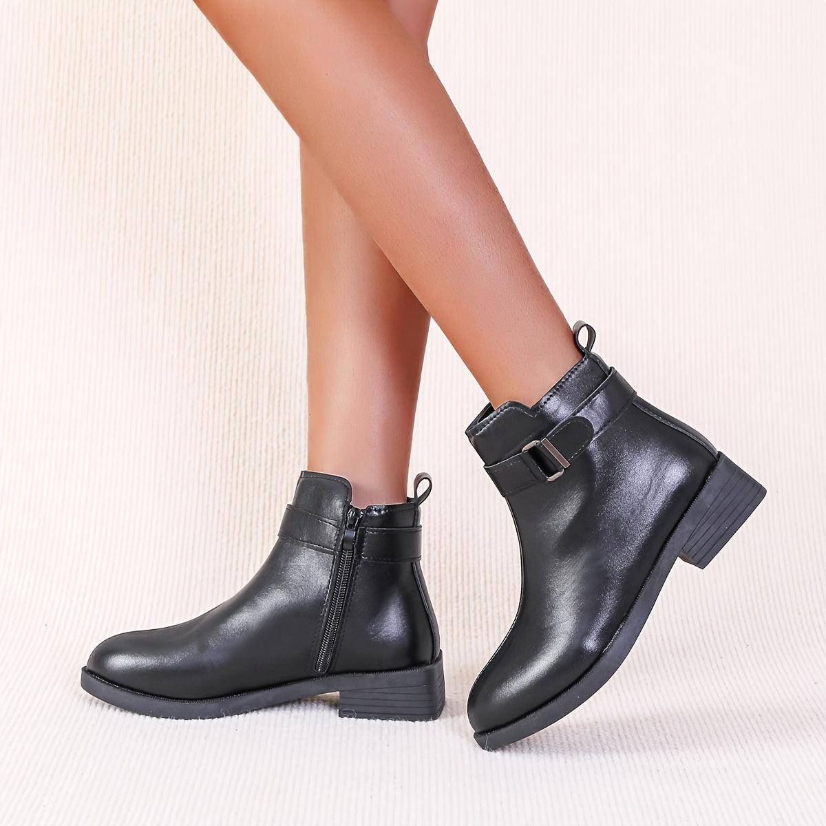 Solid Round Toe Combat Boots Zipper Buckle Short Tube Chelsea Boots