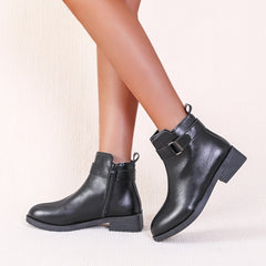 Solid Round Toe Combat Boots Zipper Buckle Short Tube Chelsea Boots