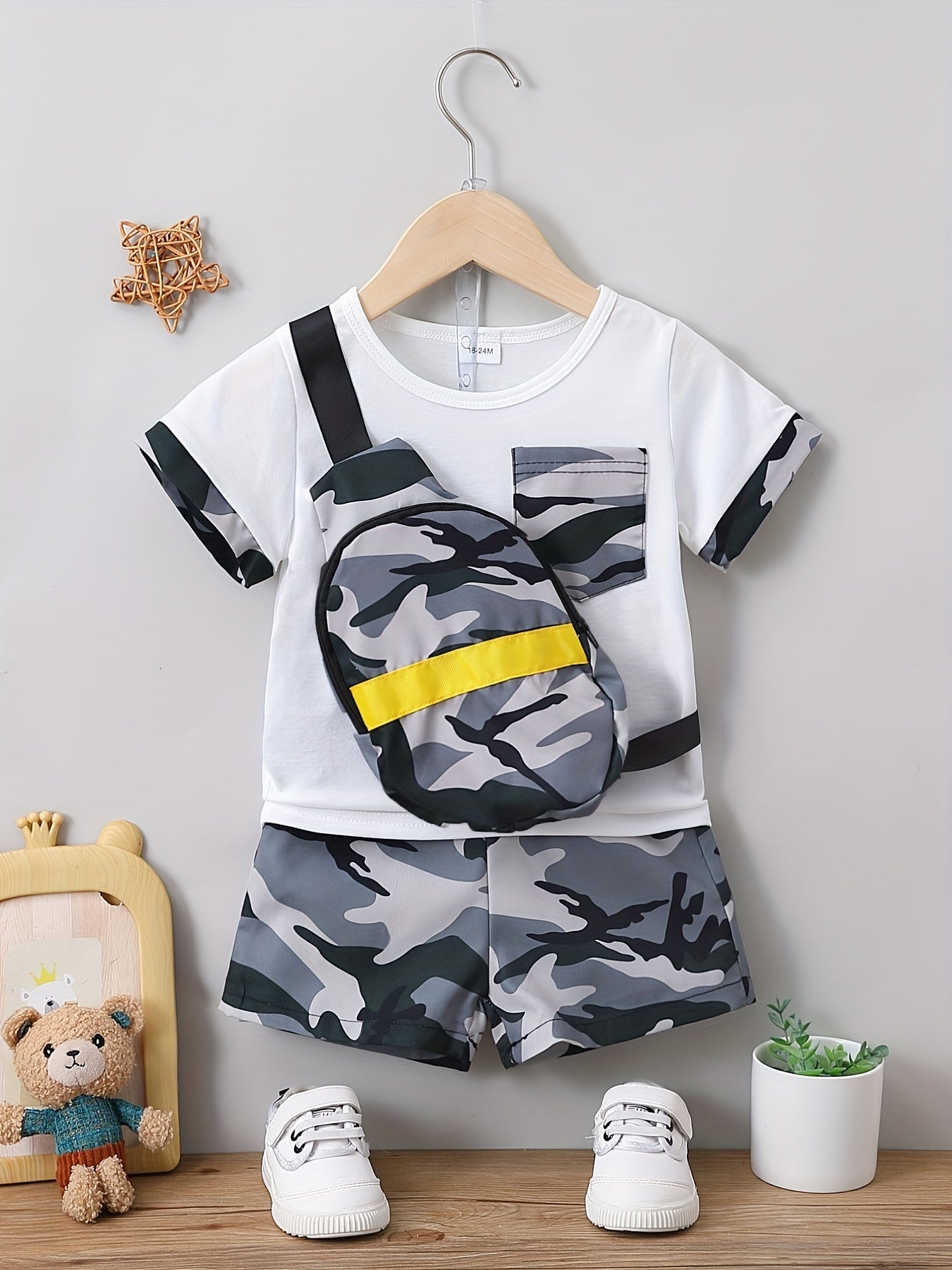 Boys Motorcycle Casual Outfit with T-shirt, Shorts & Bag for Summer Kids