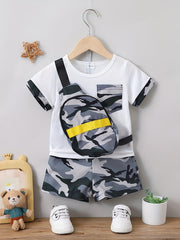Boys Motorcycle Casual Outfit with T-shirt, Shorts & Bag for Summer Kids
