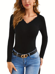 V Neck Slim Pullover Casual Long Sleeve Sweater for Women