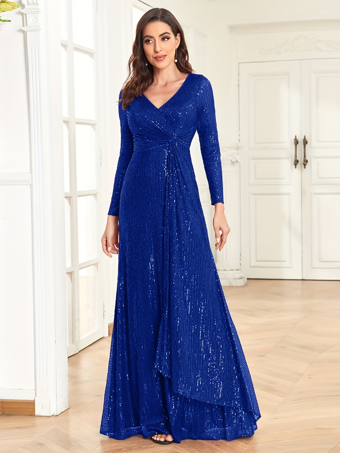 Sequined Twist Front Dress Long Sleeve V Neck Dress
