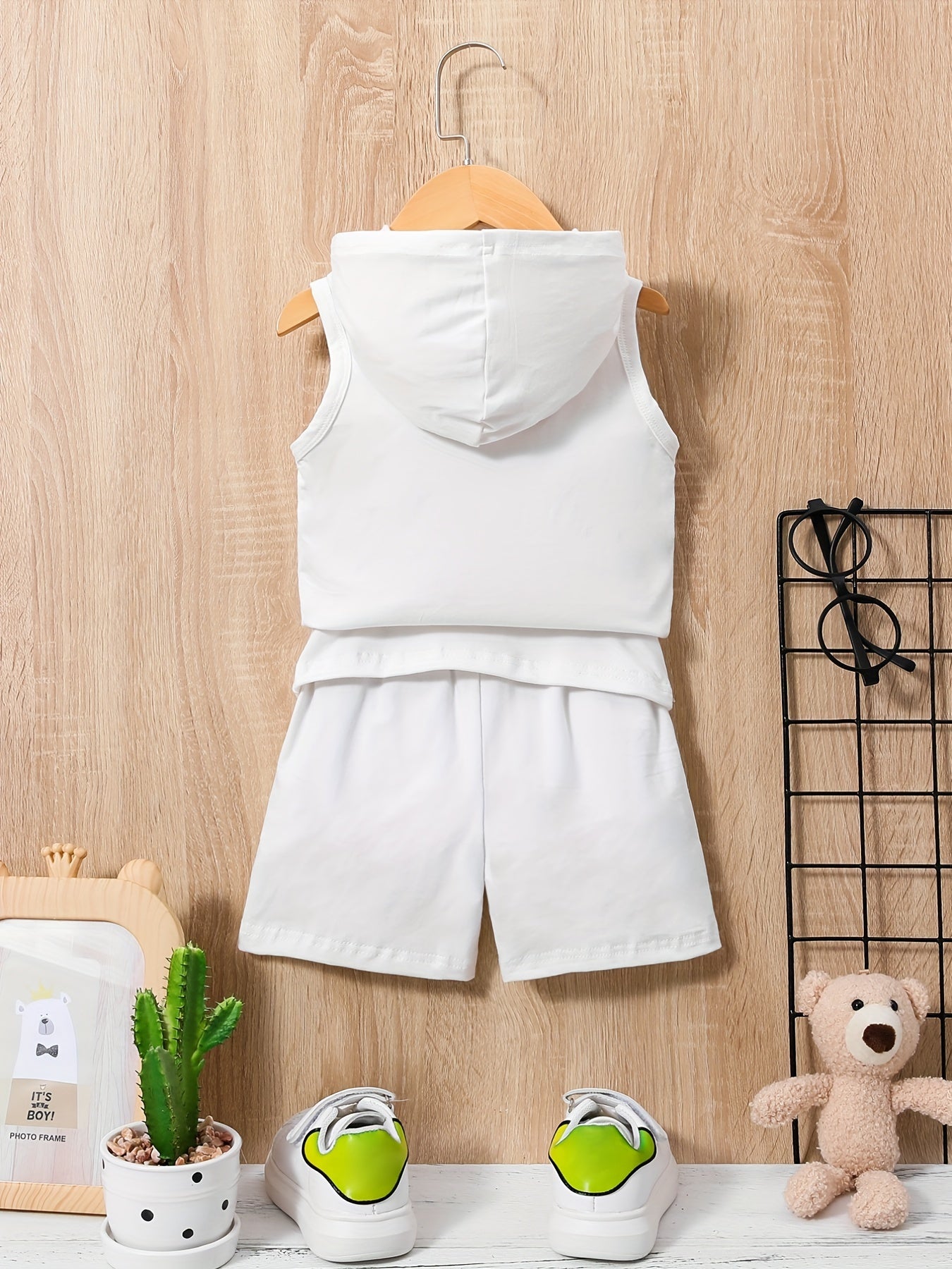 2pcs Baby Boys Casual I Love Papa Hooded Tank Top & Shorts Set Clothes