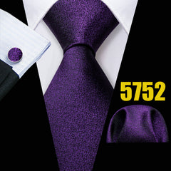 Barry Wang Classic Purple Tie Set Striped Plaid Silk Necktie Pocket Square Cuffl