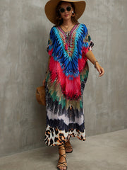 Feather Leopard Print Plus Size Boho Cover Up V Neck Tie Front