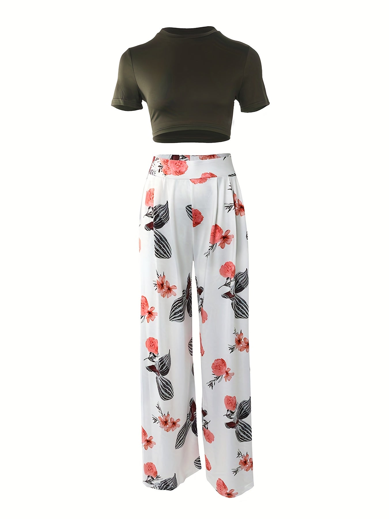Casual Two Piece Set Short Sleeve Crop Tee & Floral Wide Leg Pants