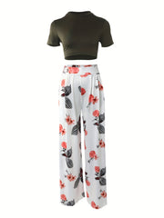Casual Two Piece Set Short Sleeve Crop Tee & Floral Wide Leg Pants