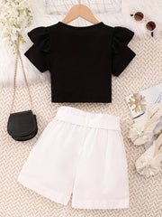 Girl's Ruffle Short Sleeve T shirt & Shorts Set with Bow Belt