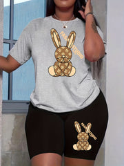 Letter & Rabbit Print Top & Shorts Outfit Set